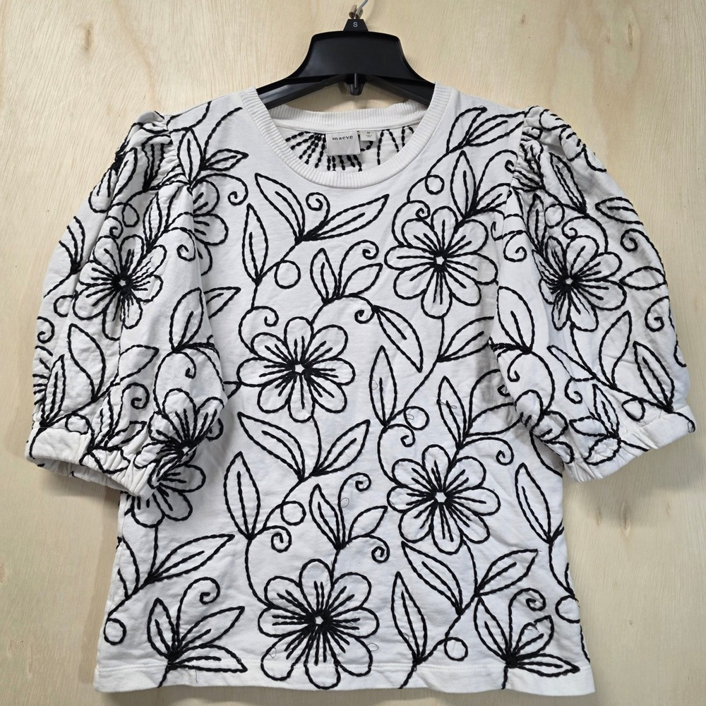 Maeve Anthropologie White Black Floral Embroidered Puff Sleeve Sweatshirt Top M - Picture 2 of 16